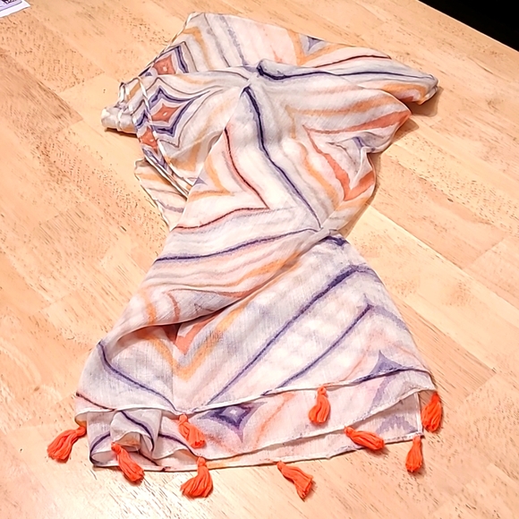 Scarf with Orange Tassels Lightweight 14x70” - Picture 4 of 5